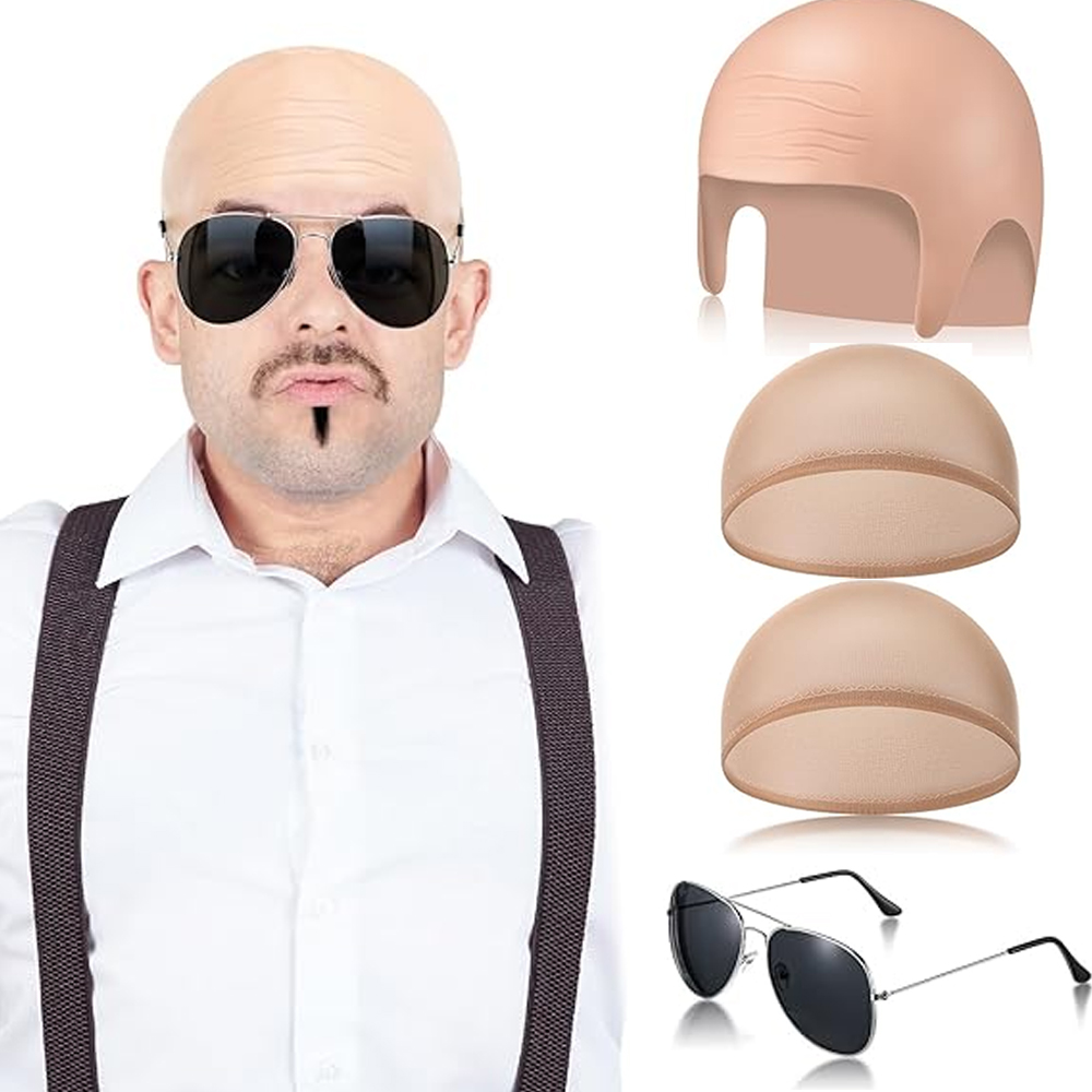 Men Accessories Combo Set - 4 Pcs Bald Caps Set Makeup